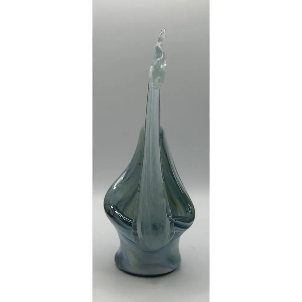 Vintage Hand Blown Art Glass Swan Vase Blue Slag Swirl MCM 10.5”